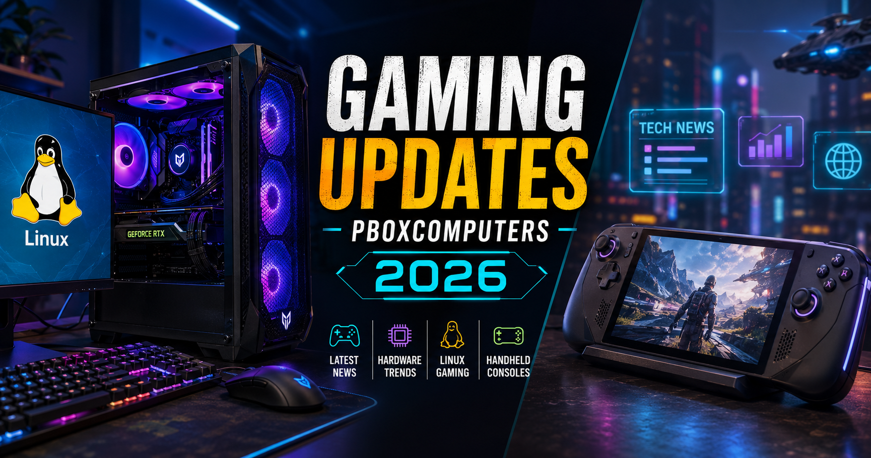 Gaming Updates Pboxcomputers 2026 featuring Linux gaming, gaming PC hardware, GPU technology, and handheld gaming devices
